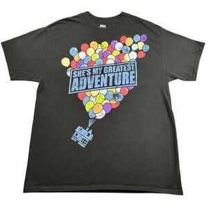 Disney Parks Pixar UP! shirt Mens Large Black Shes My Greatest Adventure Balloon